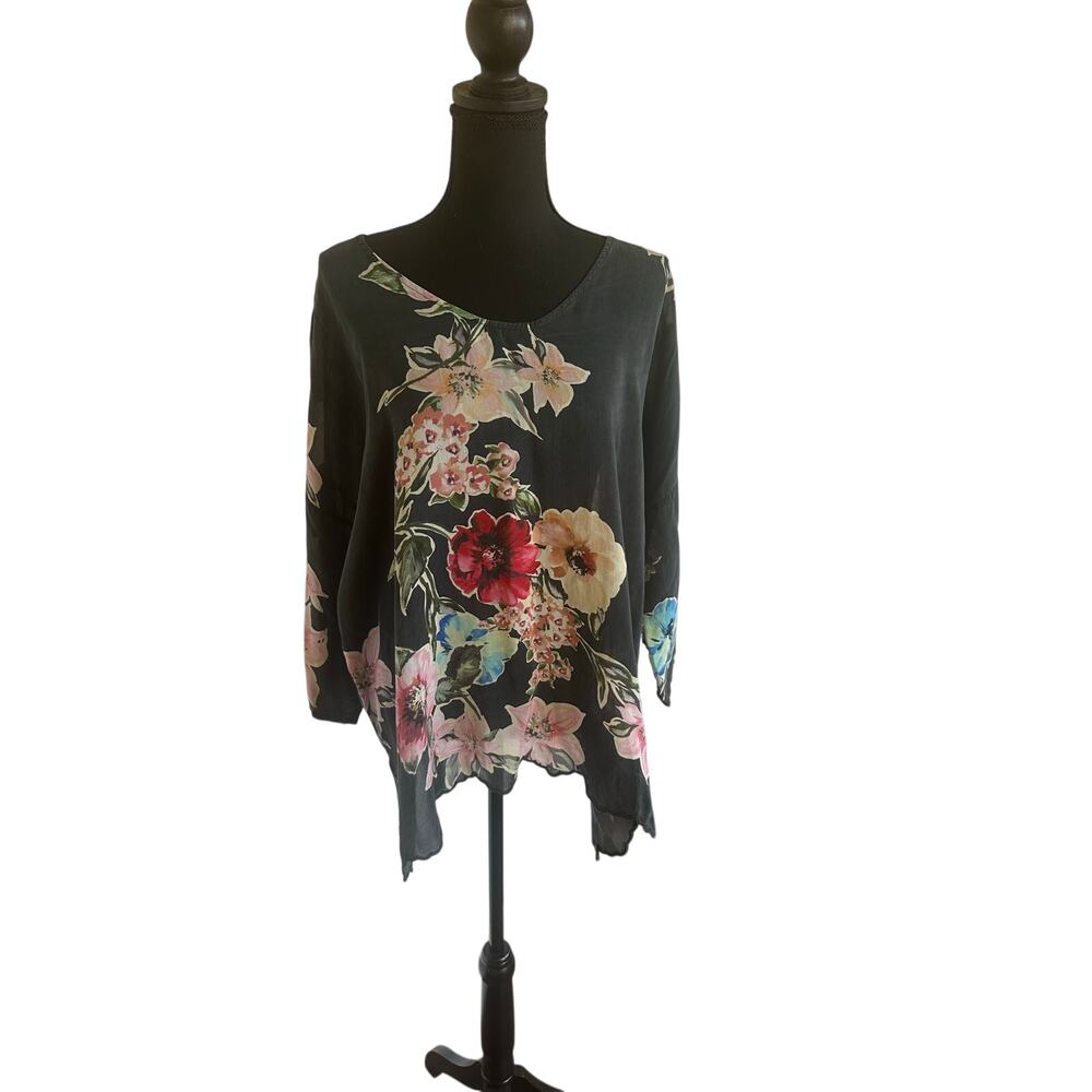 Johnny Was "Nina" Floral Silk Boxy Top / Tunic - Size Large